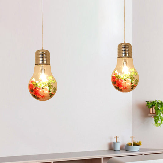 Clear Glass Bulb-Shaped Pendant Farmhouse 1 Light Restaurant Flower Ceiling Suspension Lamp, 6"/8"/11" Wide Clearhalo 'Ceiling Lights' 'Glass shade' 'Glass' 'Pendant Lights' 'Pendants' Lighting' 1458180