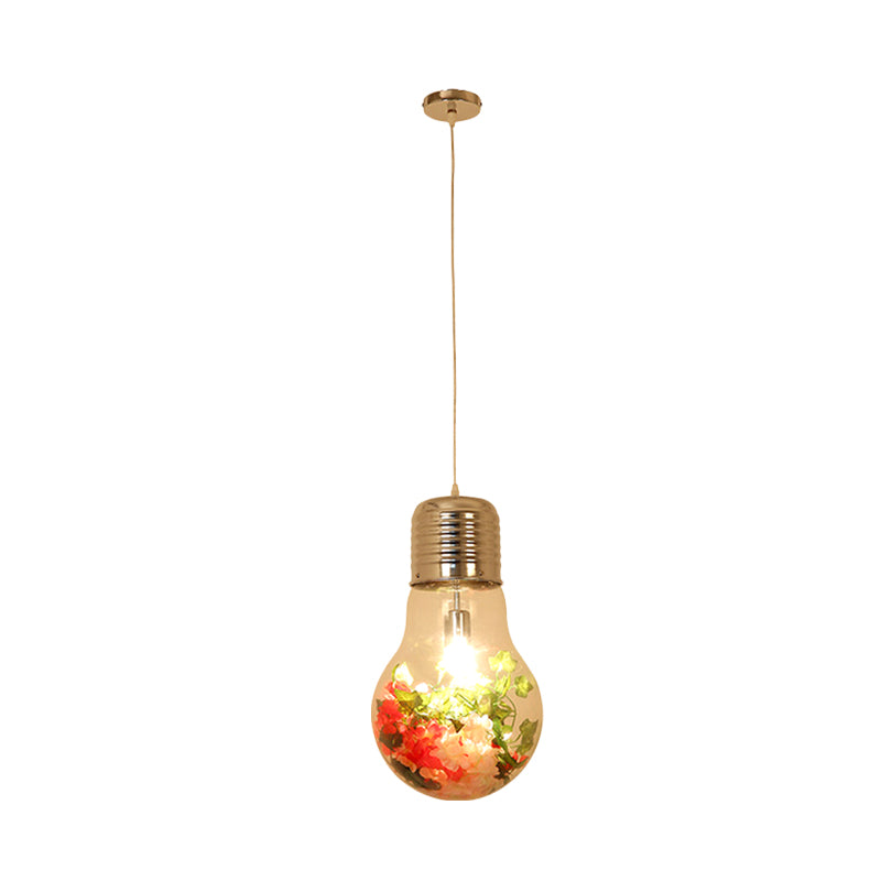 Clear Glass Bulb-Shaped Pendant Farmhouse 1 Light Restaurant Flower Ceiling Suspension Lamp, 6"/8"/11" Wide Clearhalo 'Ceiling Lights' 'Glass shade' 'Glass' 'Pendant Lights' 'Pendants' Lighting' 1458181