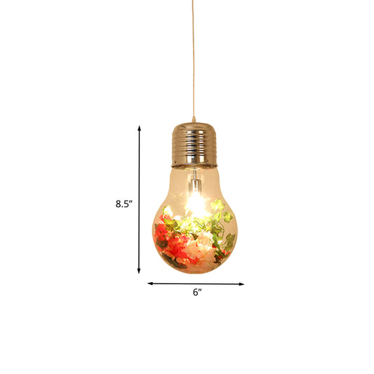 Clear Glass Bulb-Shaped Pendant Farmhouse 1 Light Restaurant Flower Ceiling Suspension Lamp, 6"/8"/11" Wide Clearhalo 'Ceiling Lights' 'Glass shade' 'Glass' 'Pendant Lights' 'Pendants' Lighting' 1458182