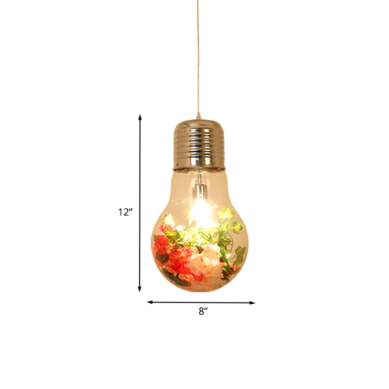 Clear Glass Bulb-Shaped Pendant Farmhouse 1 Light Restaurant Flower Ceiling Suspension Lamp, 6"/8"/11" Wide Clearhalo 'Ceiling Lights' 'Glass shade' 'Glass' 'Pendant Lights' 'Pendants' Lighting' 1458183