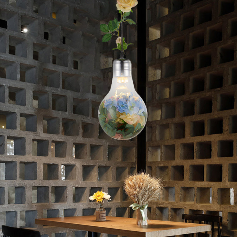 Bulb-Shaped Restaurant Suspension Pendant Antique Clear Glass 8.5"/12" W 1 Head Chrome Flower Drop Lamp Clear 8.5" Clearhalo 'Ceiling Lights' 'Close To Ceiling Lights' 'Glass shade' 'Glass' 'Pendant Lights' 'Pendants' Lighting' 1458185