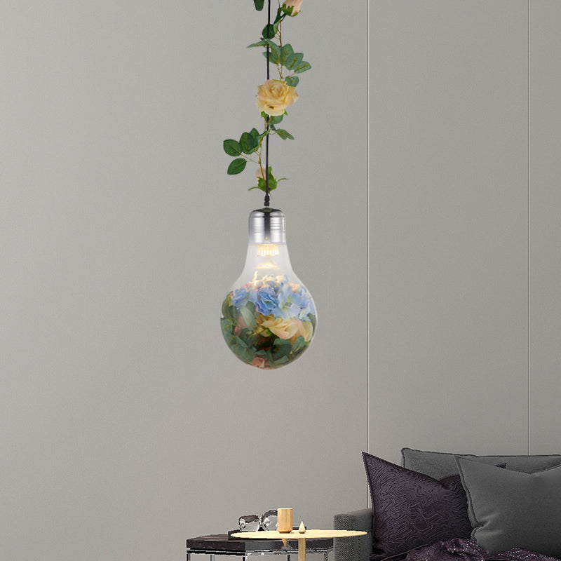 Bulb-Shaped Restaurant Suspension Pendant Antique Clear Glass 8.5"/12" W 1 Head Chrome Flower Drop Lamp Clearhalo 'Ceiling Lights' 'Close To Ceiling Lights' 'Glass shade' 'Glass' 'Pendant Lights' 'Pendants' Lighting' 1458186