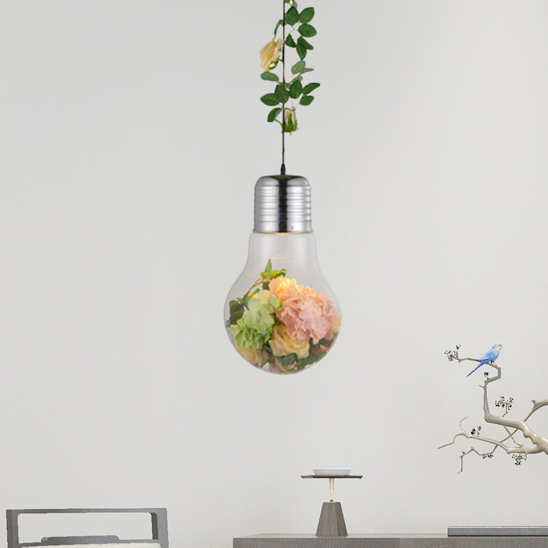 Bulb-Shaped Restaurant Suspension Pendant Antique Clear Glass 8.5"/12" W 1 Head Chrome Flower Drop Lamp Clear 12" Clearhalo 'Ceiling Lights' 'Close To Ceiling Lights' 'Glass shade' 'Glass' 'Pendant Lights' 'Pendants' Lighting' 1458191