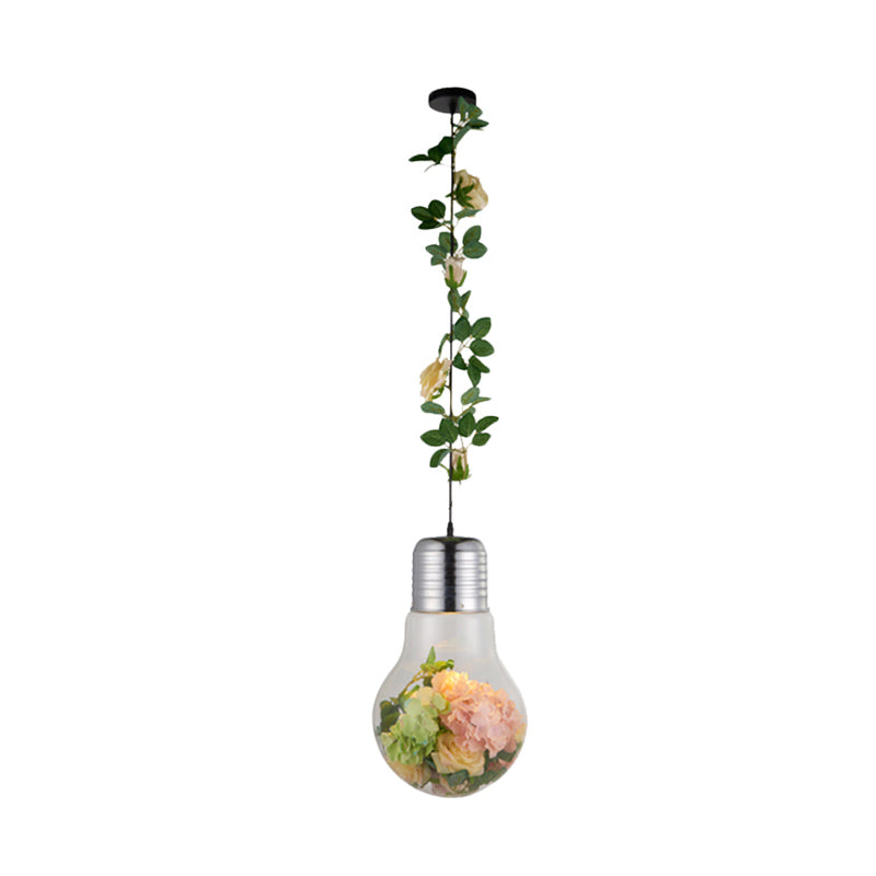 Bulb-Shaped Restaurant Suspension Pendant Antique Clear Glass 8.5"/12" W 1 Head Chrome Flower Drop Lamp Clearhalo 'Ceiling Lights' 'Close To Ceiling Lights' 'Glass shade' 'Glass' 'Pendant Lights' 'Pendants' Lighting' 1458193