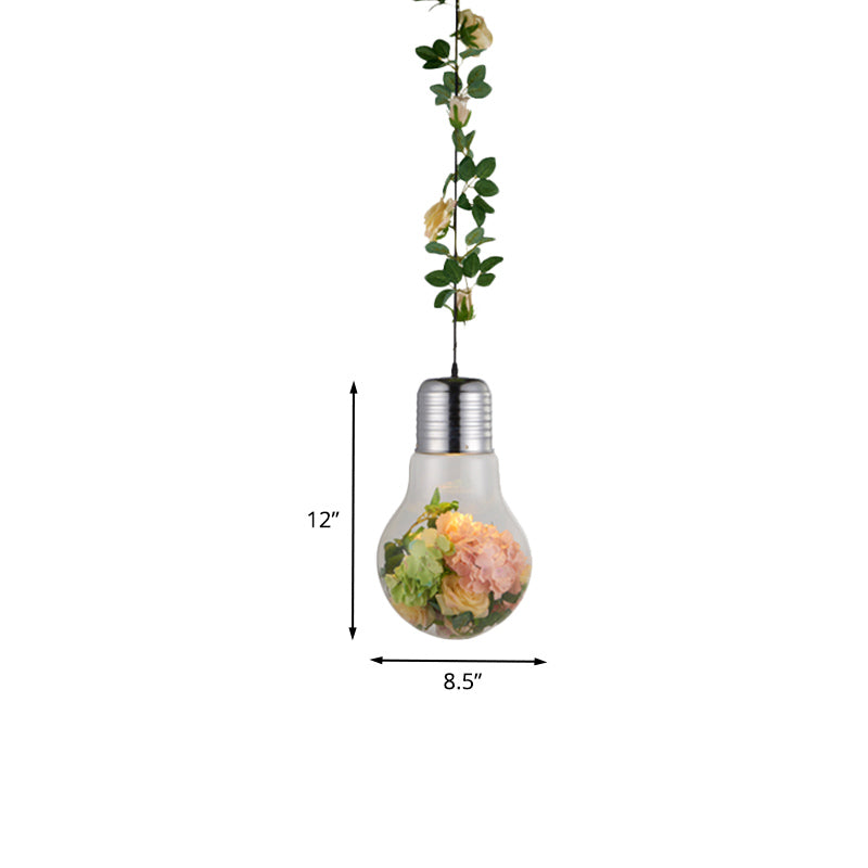 Bulb-Shaped Restaurant Suspension Pendant Antique Clear Glass 8.5"/12" W 1 Head Chrome Flower Drop Lamp Clearhalo 'Ceiling Lights' 'Close To Ceiling Lights' 'Glass shade' 'Glass' 'Pendant Lights' 'Pendants' Lighting' 1458194