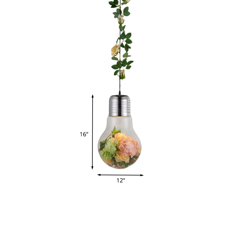 Bulb-Shaped Restaurant Suspension Pendant Antique Clear Glass 8.5"/12" W 1 Head Chrome Flower Drop Lamp Clearhalo 'Ceiling Lights' 'Close To Ceiling Lights' 'Glass shade' 'Glass' 'Pendant Lights' 'Pendants' Lighting' 1458195
