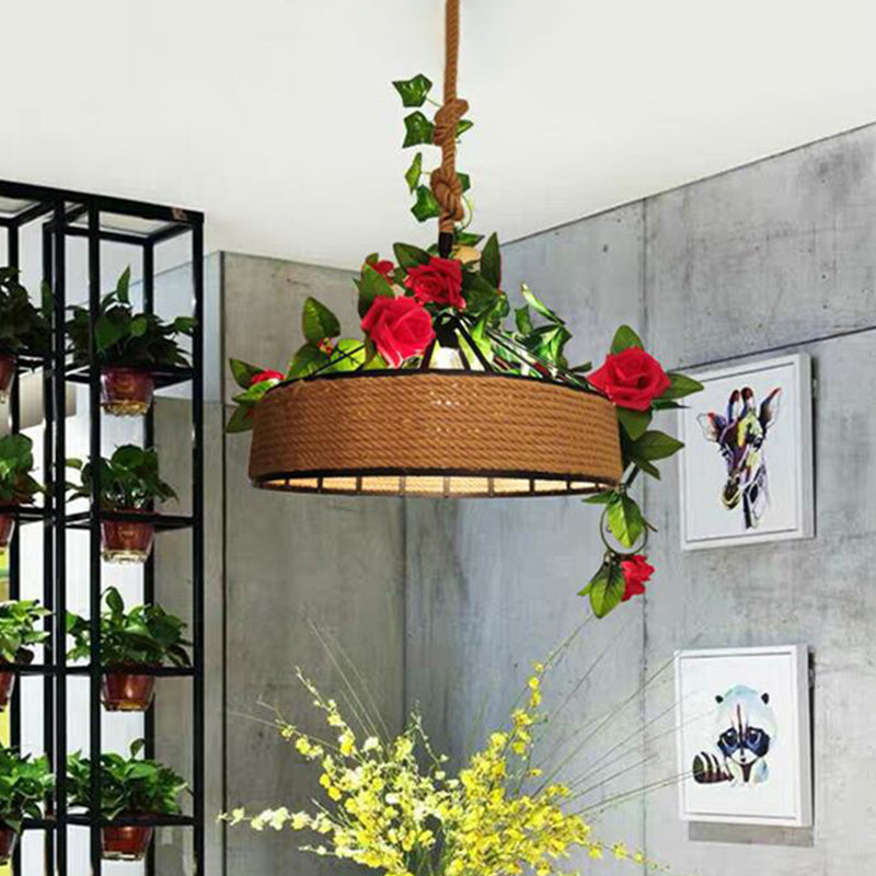 Factory Round Cage Drop Pendant 1-Bulb Hemp Rope Flower Hanging Light Fixture in Black, 12"/16"/19.5" Wide Clearhalo 'Ceiling Lights' 'Pendant Lights' 'Pendants' Lighting' 1458208