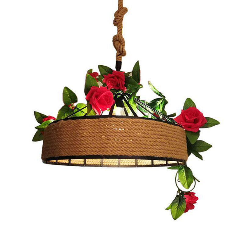 Factory Round Cage Drop Pendant 1-Bulb Hemp Rope Flower Hanging Light Fixture in Black, 12"/16"/19.5" Wide Clearhalo 'Ceiling Lights' 'Pendant Lights' 'Pendants' Lighting' 1458211