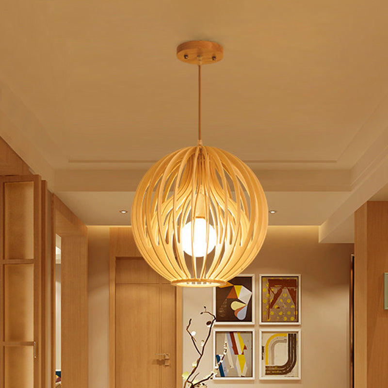 Asia Style 2-Layer Cage Pendant Wooden 1 Head Dining Room Ceiling Light in Beige with Interior Fabric Shade Clearhalo 'Ceiling Lights' 'Pendant Lights' 'Pendants' Lighting' 1458318