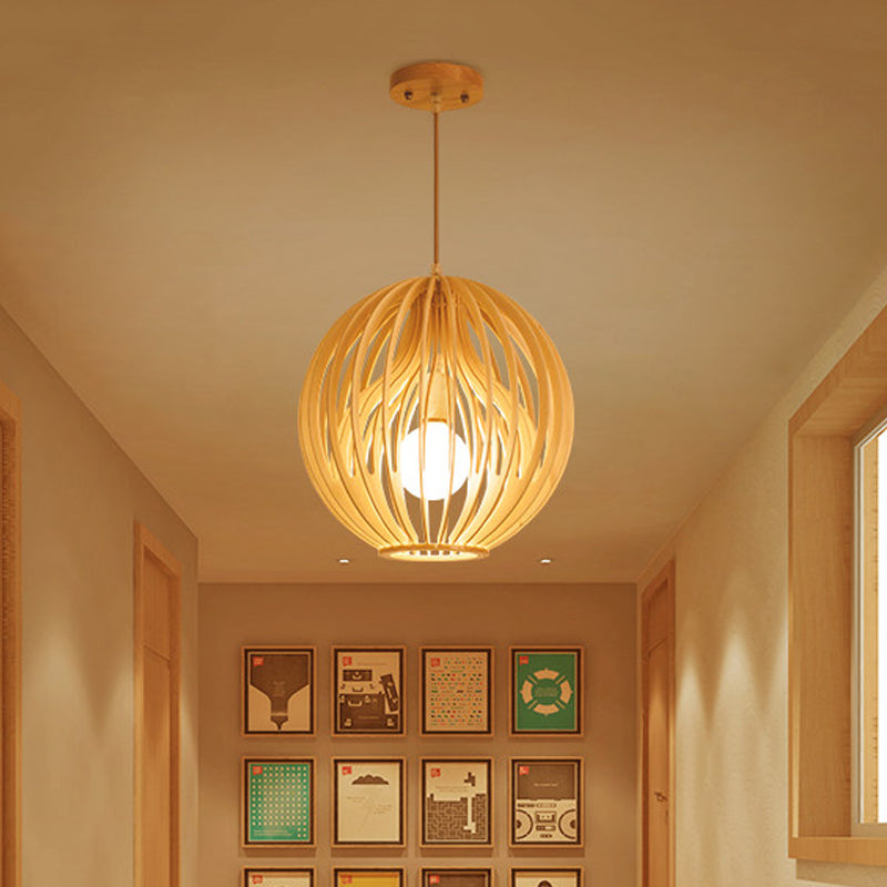 Asia Style 2-Layer Cage Pendant Wooden 1 Head Dining Room Ceiling Light in Beige with Interior Fabric Shade Clearhalo 'Ceiling Lights' 'Pendant Lights' 'Pendants' Lighting' 1458319