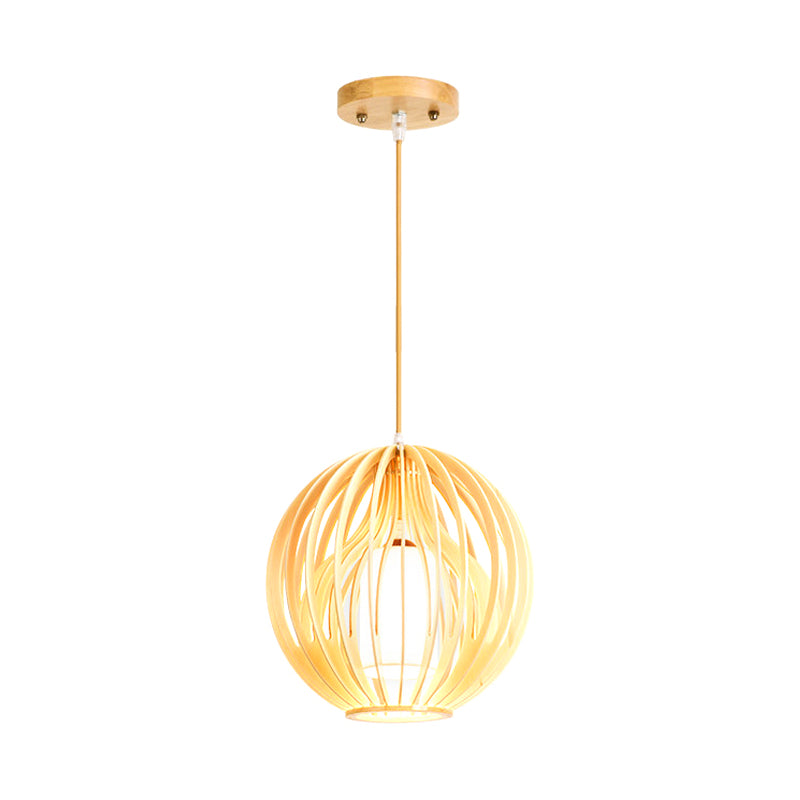 Asia Style 2-Layer Cage Pendant Wooden 1 Head Dining Room Ceiling Light in Beige with Interior Fabric Shade Clearhalo 'Ceiling Lights' 'Pendant Lights' 'Pendants' Lighting' 1458320