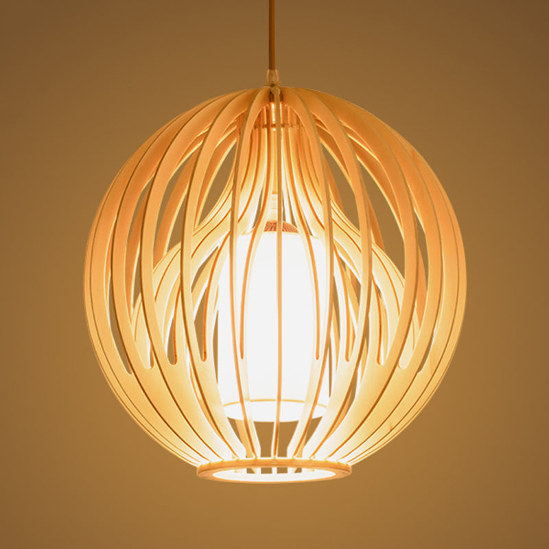 Asia Style 2-Layer Cage Pendant Wooden 1 Head Dining Room Ceiling Light in Beige with Interior Fabric Shade Clearhalo 'Ceiling Lights' 'Pendant Lights' 'Pendants' Lighting' 1458321