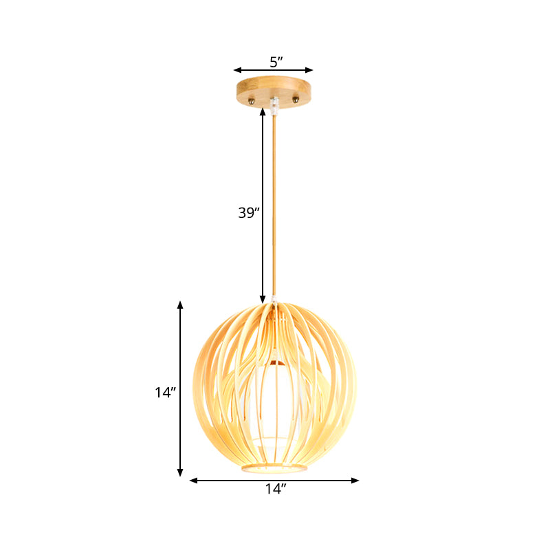 Asia Style 2-Layer Cage Pendant Wooden 1 Head Dining Room Ceiling Light in Beige with Interior Fabric Shade Clearhalo 'Ceiling Lights' 'Pendant Lights' 'Pendants' Lighting' 1458322