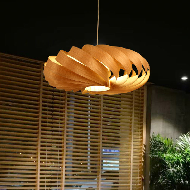 Asian 1 Head Hanging Pendant Light Wood Beige Twisted Lantern Ceiling Lamp over Dining Table Clearhalo 'Ceiling Lights' 'Pendant Lights' 'Pendants' Lighting' 1458329