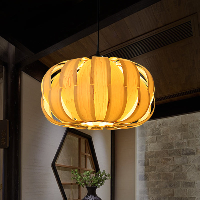 Strap Pumpkin Parlor Hanging Light Kit Wooden 2 Lights Asian Suspension Pendant in Beige Clearhalo 'Ceiling Lights' 'Pendant Lights' 'Pendants' Lighting' 1458333