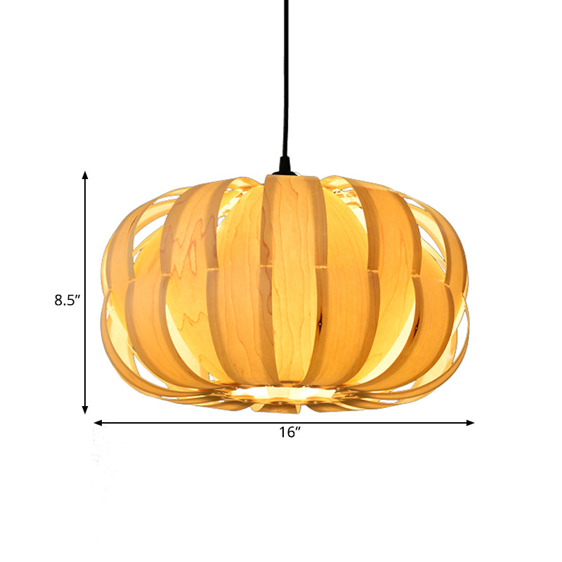 Strap Pumpkin Parlor Hanging Light Kit Wooden 2 Lights Asian Suspension Pendant in Beige Clearhalo 'Ceiling Lights' 'Pendant Lights' 'Pendants' Lighting' 1458337