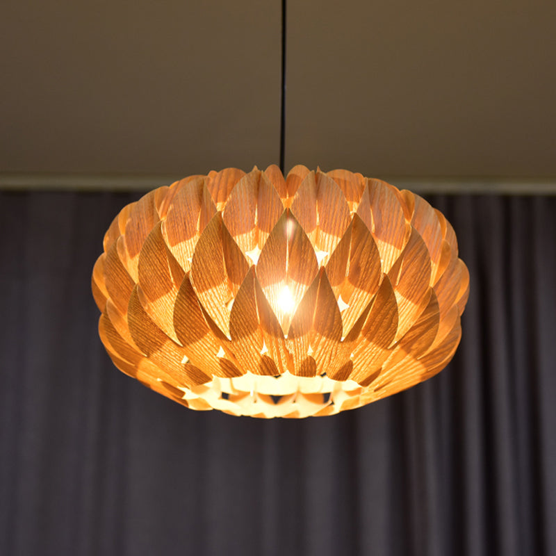 Drum Shaped Lotus Pendant Lamp Chinese Style Wood Single Beige Suspension Lighting for Tearoom Wood Clearhalo 'Ceiling Lights' 'Pendant Lights' 'Pendants' Lighting' 1458338_3ecea331-df70-4f32-8d0a-b0812c16d3a2