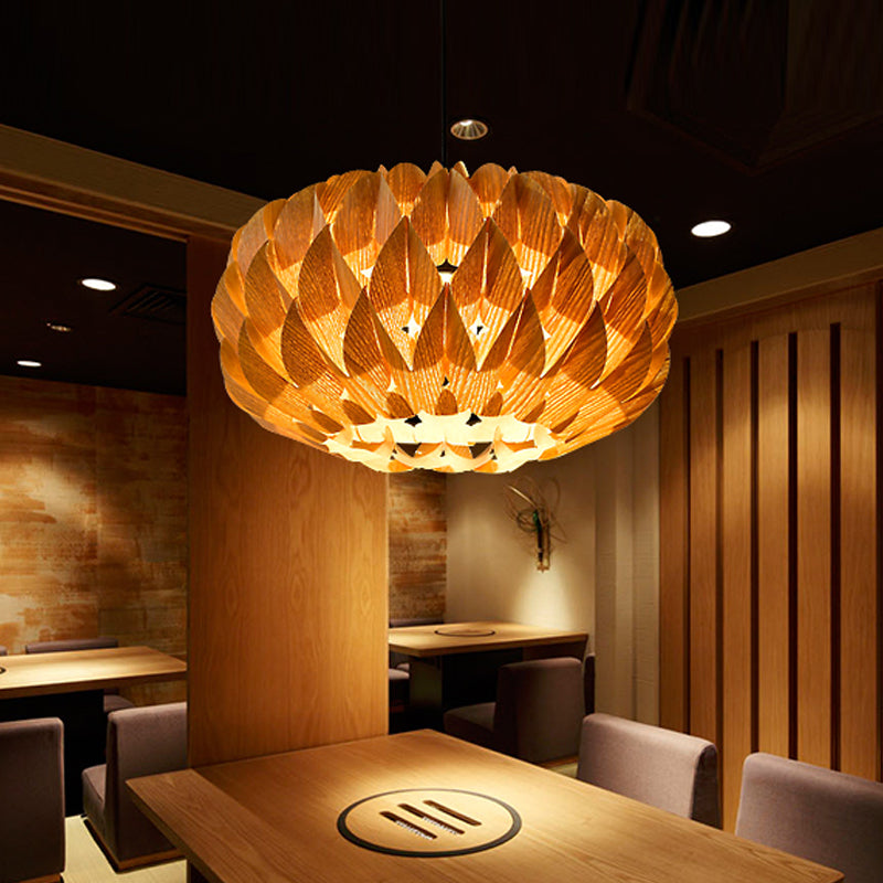 Drum Shaped Lotus Pendant Lamp Chinese Style Wood Single Beige Suspension Lighting for Tearoom Clearhalo 'Ceiling Lights' 'Pendant Lights' 'Pendants' Lighting' 1458340