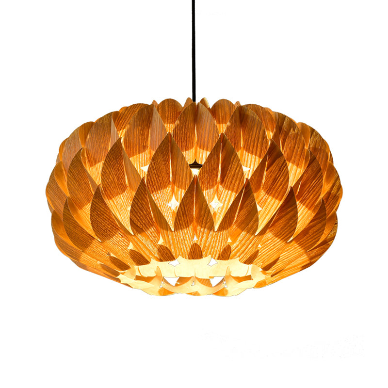 Drum Shaped Lotus Pendant Lamp Chinese Style Wood Single Beige Suspension Lighting for Tearoom Clearhalo 'Ceiling Lights' 'Pendant Lights' 'Pendants' Lighting' 1458341