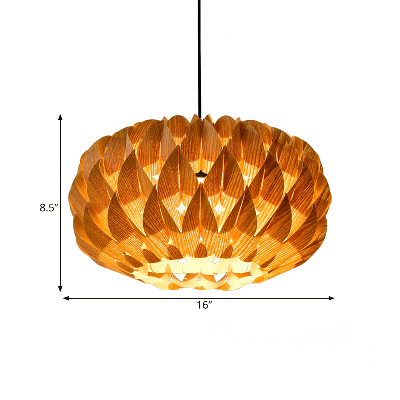 Drum Shaped Lotus Pendant Lamp Chinese Style Wood Single Beige Suspension Lighting for Tearoom Clearhalo 'Ceiling Lights' 'Pendant Lights' 'Pendants' Lighting' 1458342