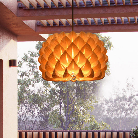 Blooming Hand Woven Wood Pendant Lighting Asia 1-Light Beige Suspended Lighting Fixture Clearhalo 'Ceiling Lights' 'Pendant Lights' 'Pendants' Lighting' 1458343