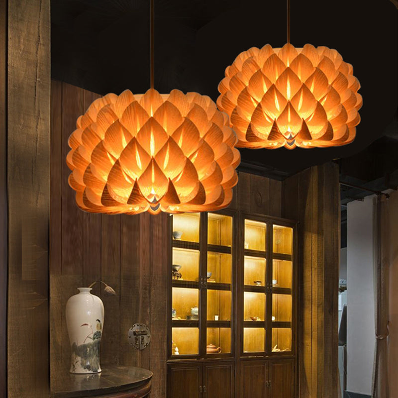 Blooming Hand Woven Wood Pendant Lighting Asia 1-Light Beige Suspended Lighting Fixture Clearhalo 'Ceiling Lights' 'Pendant Lights' 'Pendants' Lighting' 1458344