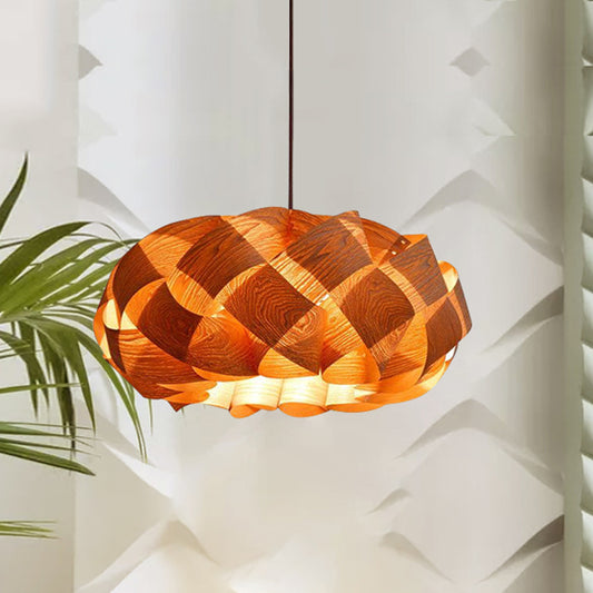 Asian Drum Shade Hanging Pendant Stranded-Weaving Wood Single Hotel Ceiling Light Fixture in Beige Clearhalo 'Ceiling Lights' 'Pendant Lights' 'Pendants' Lighting' 1458348