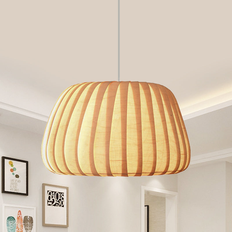 1-Light Office Pendulum Light Modern Beige Pendant Lighting Fixture with Pumpkin Wood Shade Clearhalo 'Ceiling Lights' 'Pendant Lights' 'Pendants' Lighting' 1458353