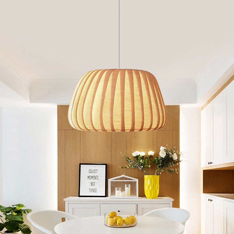 1-Light Office Pendulum Light Modern Beige Pendant Lighting Fixture with Pumpkin Wood Shade Clearhalo 'Ceiling Lights' 'Pendant Lights' 'Pendants' Lighting' 1458355