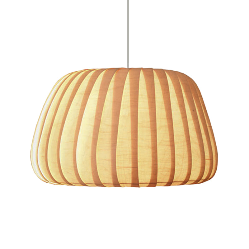 1-Light Office Pendulum Light Modern Beige Pendant Lighting Fixture with Pumpkin Wood Shade Clearhalo 'Ceiling Lights' 'Pendant Lights' 'Pendants' Lighting' 1458356