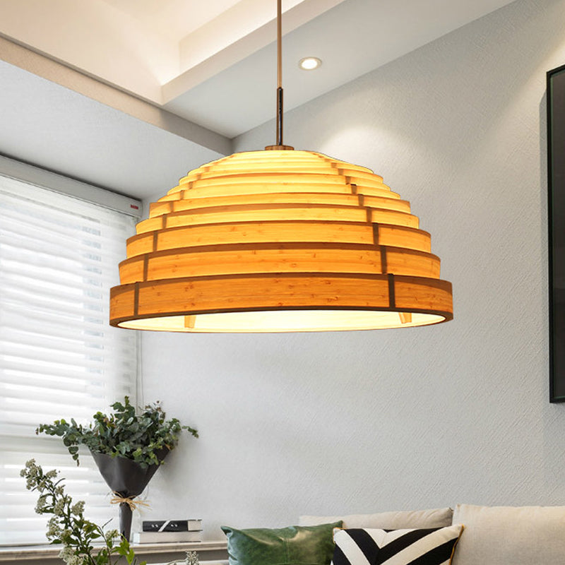 Rippled Hemispherical Hanging Light Minimalist Wood Single Living Room Ceiling Pendant in Beige Clearhalo 'Ceiling Lights' 'Pendant Lights' 'Pendants' Lighting' 1458363