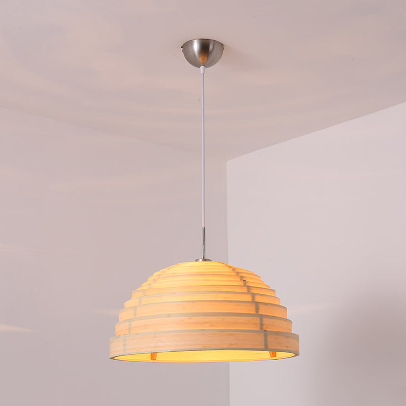 Rippled Hemispherical Hanging Light Minimalist Wood Single Living Room Ceiling Pendant in Beige Clearhalo 'Ceiling Lights' 'Pendant Lights' 'Pendants' Lighting' 1458366