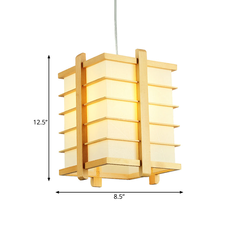 Wood Wire Cage Cuboid Pendant Lamp Japanese Single Ceiling Suspension Light in Beige Clearhalo 'Ceiling Lights' 'Pendant Lights' 'Pendants' Lighting' 1458378