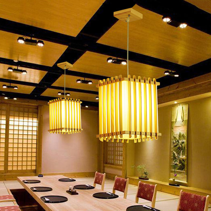 Asian 1 Bulb Pendant Lighting Wooden Beige Rectangular Cage Ceiling Lamp over Table Beige Clearhalo 'Ceiling Lights' 'Pendant Lights' 'Pendants' Lighting' 1458379_6829e9c8-006f-4f21-8b26-3689f0abcaad