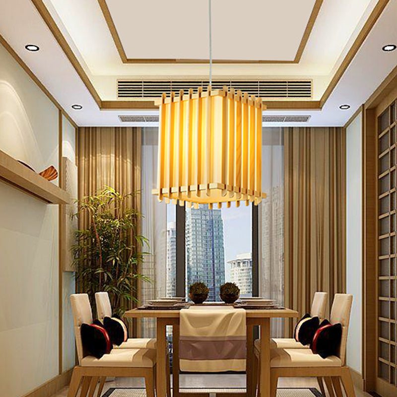 Asian 1 Bulb Pendant Lighting Wooden Beige Rectangular Cage Ceiling Lamp over Table Clearhalo 'Ceiling Lights' 'Pendant Lights' 'Pendants' Lighting' 1458380