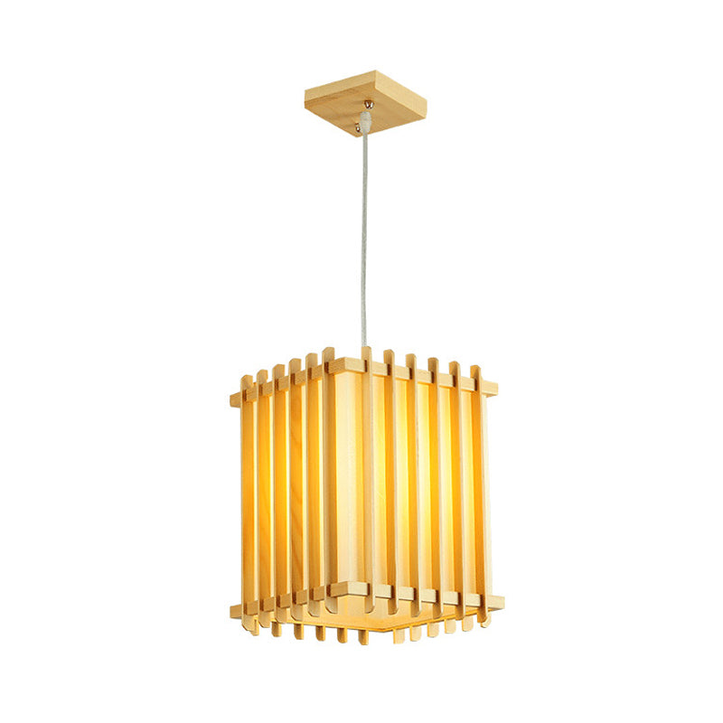 Asian 1 Bulb Pendant Lighting Wooden Beige Rectangular Cage Ceiling Lamp over Table Clearhalo 'Ceiling Lights' 'Pendant Lights' 'Pendants' Lighting' 1458381