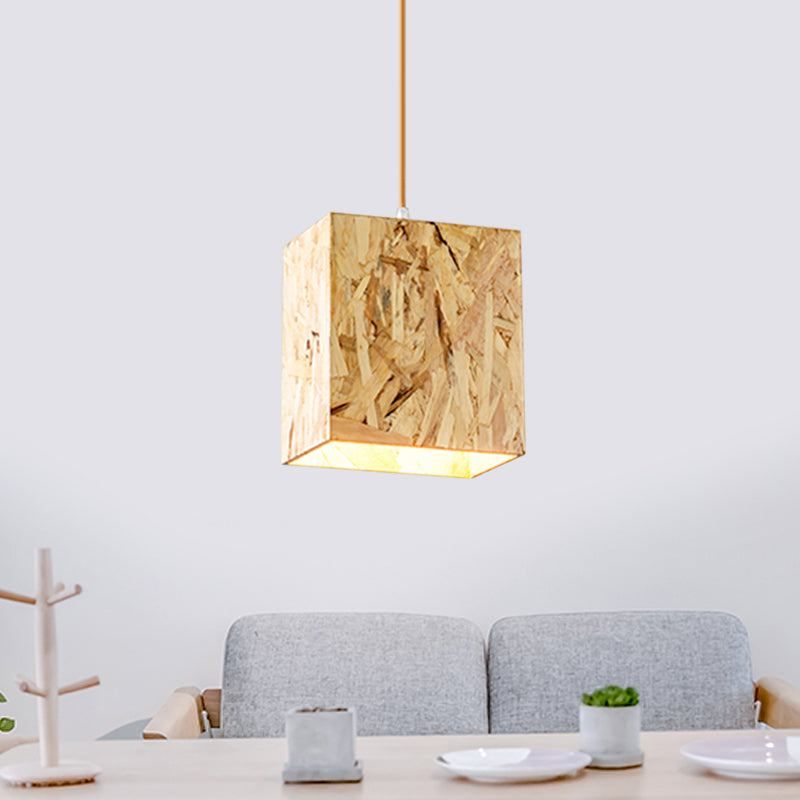 Cube Stranded Wood Ceiling Light Simple 1 Bulb Beige Hanging Light Fixture over Dinette Wood Clearhalo 'Ceiling Lights' 'Modern Pendants' 'Modern' 'Pendant Lights' 'Pendants' Lighting' 1458390