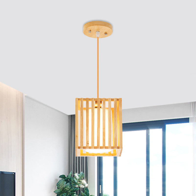 Square Cage Pendant Light Kit Modern Wooden 1 Light Beige Hanging Ceiling Light with Inner Fabric Shade Clearhalo 'Ceiling Lights' 'Pendant Lights' 'Pendants' Lighting' 1458395