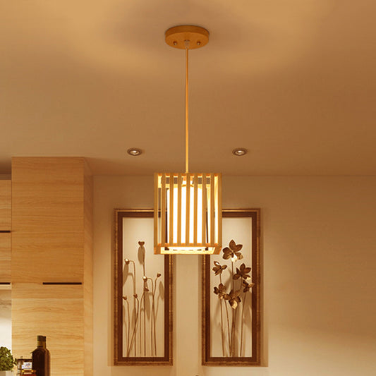 Square Cage Pendant Light Kit Modern Wooden 1 Light Beige Hanging Ceiling Light with Inner Fabric Shade Clearhalo 'Ceiling Lights' 'Pendant Lights' 'Pendants' Lighting' 1458396