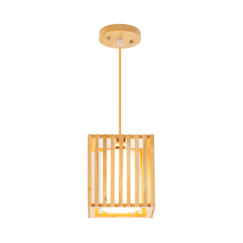 Square Cage Pendant Light Kit Modern Wooden 1 Light Beige Hanging Ceiling Light with Inner Fabric Shade Clearhalo 'Ceiling Lights' 'Pendant Lights' 'Pendants' Lighting' 1458397