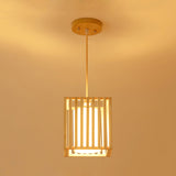 Square Cage Pendant Light Kit Modern Wooden 1 Light Beige Hanging Ceiling Light with Inner Fabric Shade Clearhalo 'Ceiling Lights' 'Pendant Lights' 'Pendants' Lighting' 1458398