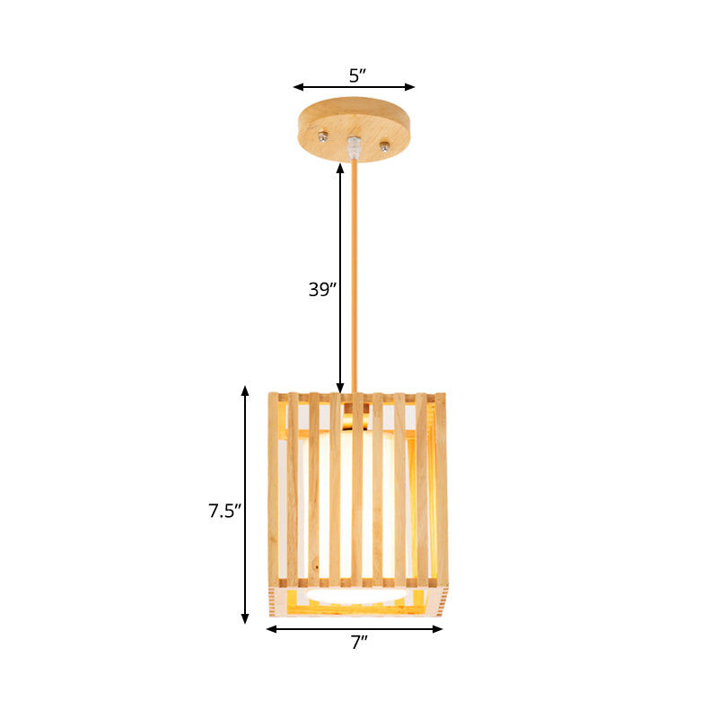 Square Cage Pendant Light Kit Modern Wooden 1 Light Beige Hanging Ceiling Light with Inner Fabric Shade Clearhalo 'Ceiling Lights' 'Pendant Lights' 'Pendants' Lighting' 1458399