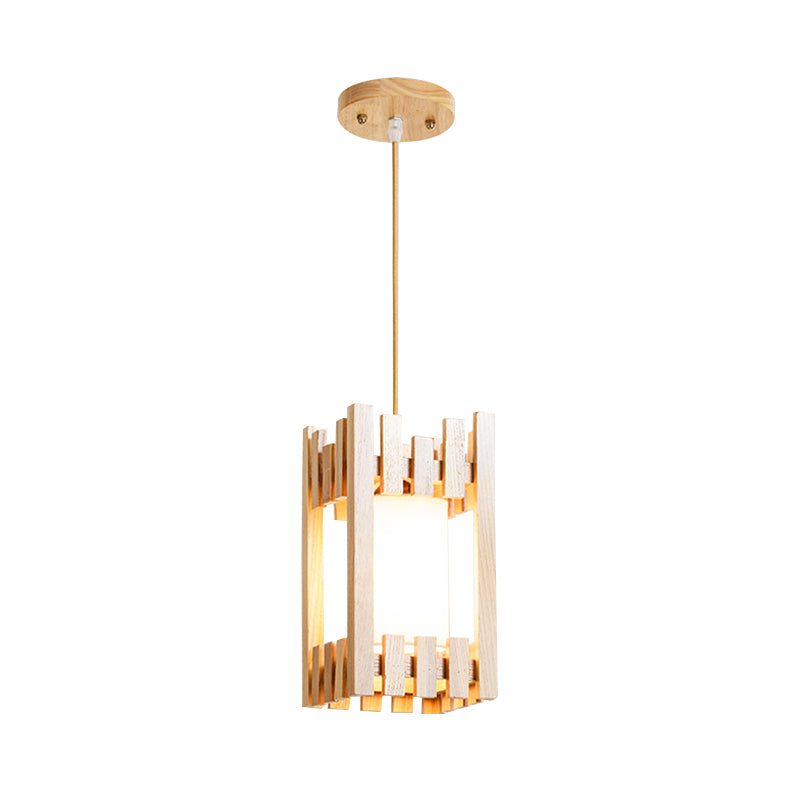 Cylinder Shade Bistro Pendant Light Fabric 1 Head Asia Suspension Lighting with Wood Cage Guard Clearhalo 'Ceiling Lights' 'Pendant Lights' 'Pendants' Lighting' 1458407