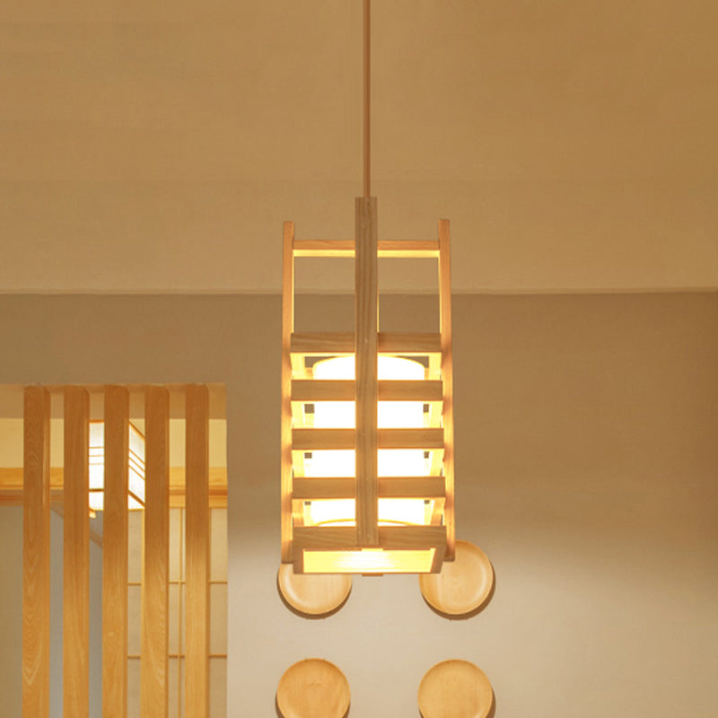 Cuboid Wooden Pendant Light Fixture Asian 1 Bulb Beige Hanging Lamp Kit with Cross Handle Clearhalo 'Ceiling Lights' 'Pendant Lights' 'Pendants' Lighting' 1458410