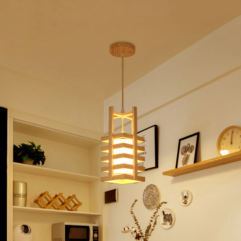 Cuboid Wooden Pendant Light Fixture Asian 1 Bulb Beige Hanging Lamp Kit with Cross Handle Clearhalo 'Ceiling Lights' 'Pendant Lights' 'Pendants' Lighting' 1458411