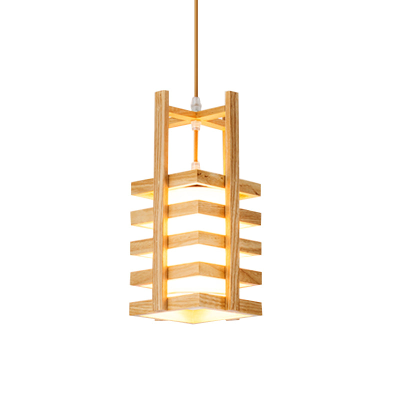 Cuboid Wooden Pendant Light Fixture Asian 1 Bulb Beige Hanging Lamp Kit with Cross Handle Clearhalo 'Ceiling Lights' 'Pendant Lights' 'Pendants' Lighting' 1458413