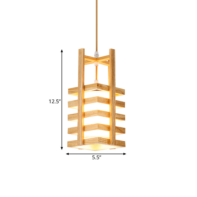 Cuboid Wooden Pendant Light Fixture Asian 1 Bulb Beige Hanging Lamp Kit with Cross Handle Clearhalo 'Ceiling Lights' 'Pendant Lights' 'Pendants' Lighting' 1458414