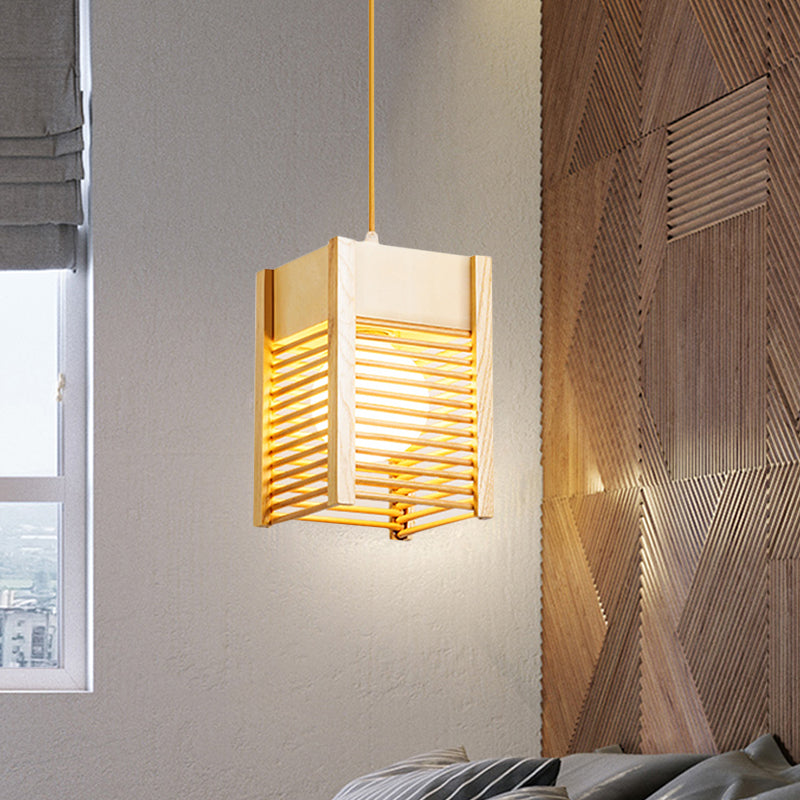 Cage Sushi House Suspension Light Wood 1 Light Japanese Style Drop Pendant in Beige Wood Clearhalo 'Ceiling Lights' 'Pendant Lights' 'Pendants' Lighting' 1458415_6d449091-1228-48fb-834d-5efa30092abc