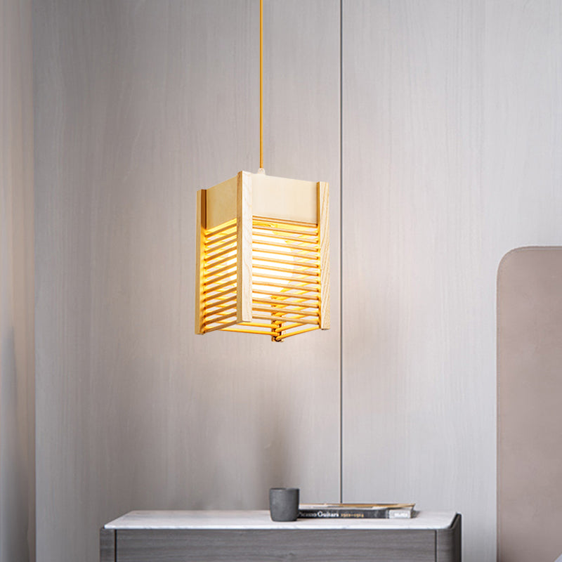 Cage Sushi House Suspension Light Wood 1 Light Japanese Style Drop Pendant in Beige Clearhalo 'Ceiling Lights' 'Pendant Lights' 'Pendants' Lighting' 1458416