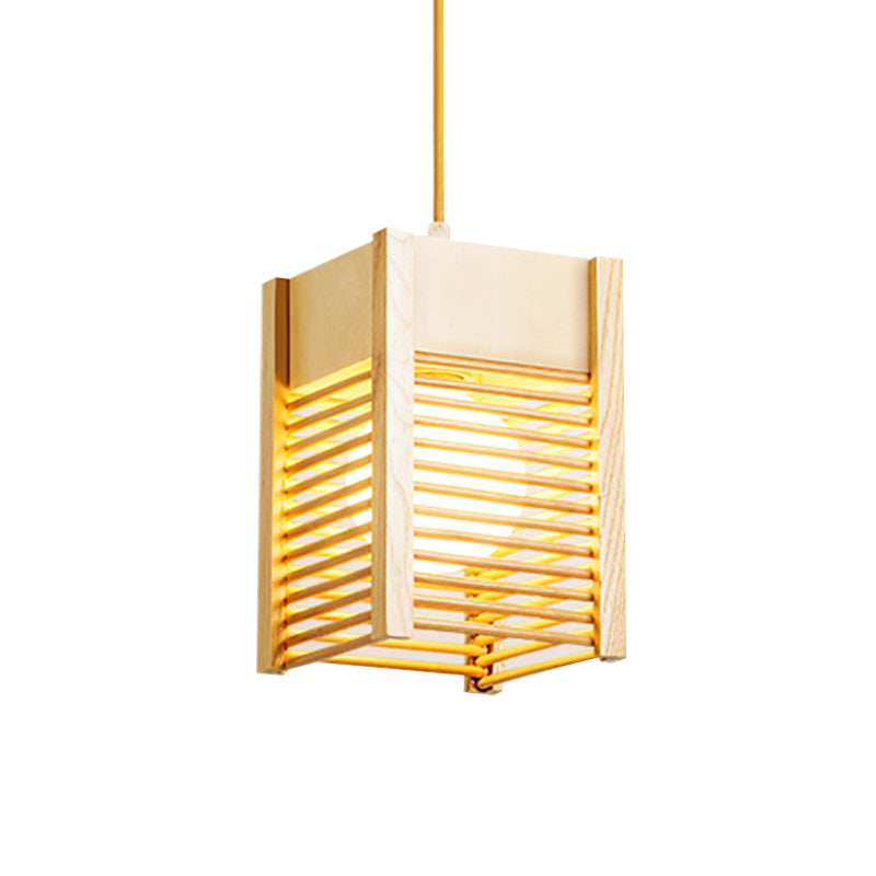 Cage Sushi House Suspension Light Wood 1 Light Japanese Style Drop Pendant in Beige Clearhalo 'Ceiling Lights' 'Pendant Lights' 'Pendants' Lighting' 1458417